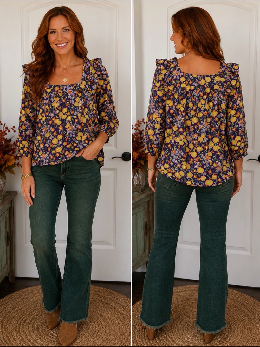 196 NWT entro Floral Square-Neck Blouse 100% Cotton